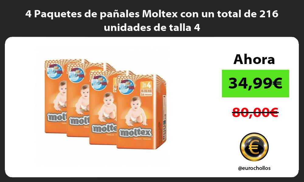 4 Paquetes de pañales Moltex con un total de 216 unidades de talla 4