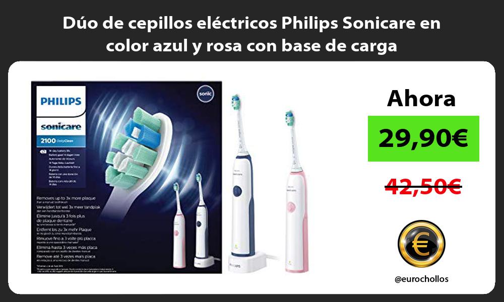Dúo de cepillos eléctricos Philips Sonicare en color azul y rosa con base de carga
