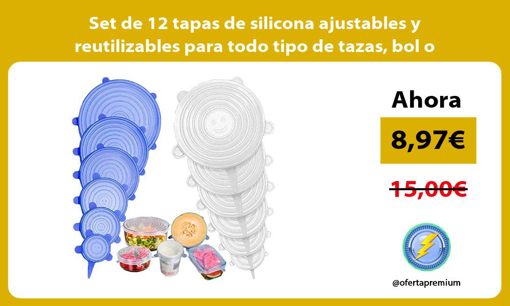 Set de 12 tapas de silicona ajustables y reutilizables para todo tipo de tazas bol o tarros