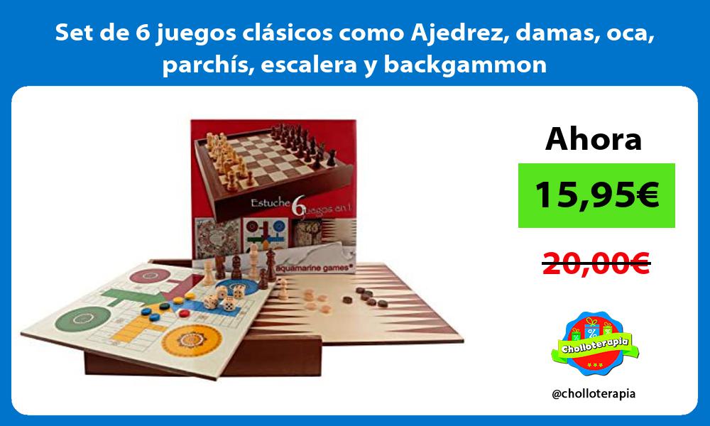 Set de 6 juegos clásicos como Ajedrez damas oca parchís escalera y backgammon