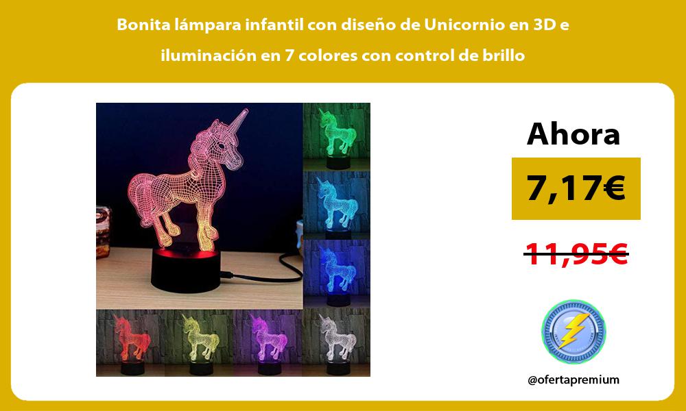 Bonita lámpara infantil con diseño de Unicornio en 3D e iluminación en 7 colores con control de brillo