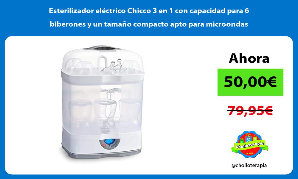 Esterilizador eléctrico Chicco 3 en 1 con capacidad para 6 biberones y un tamaño compacto apto para microondas