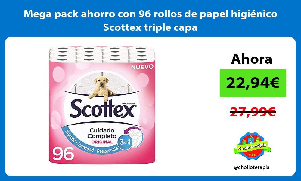 Mega pack ahorro con 96 rollos de papel higiénico Scottex triple capa