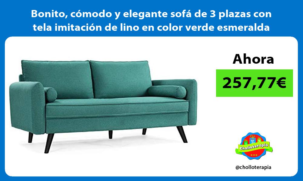 Bonito cómodo y elegante sofá de 3 plazas con tela imitación de lino en color verde esmeralda