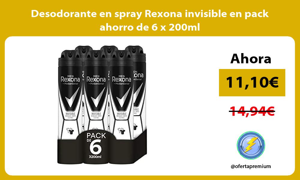 Desodorante en spray Rexona invisible en pack ahorro de 6 x 200ml