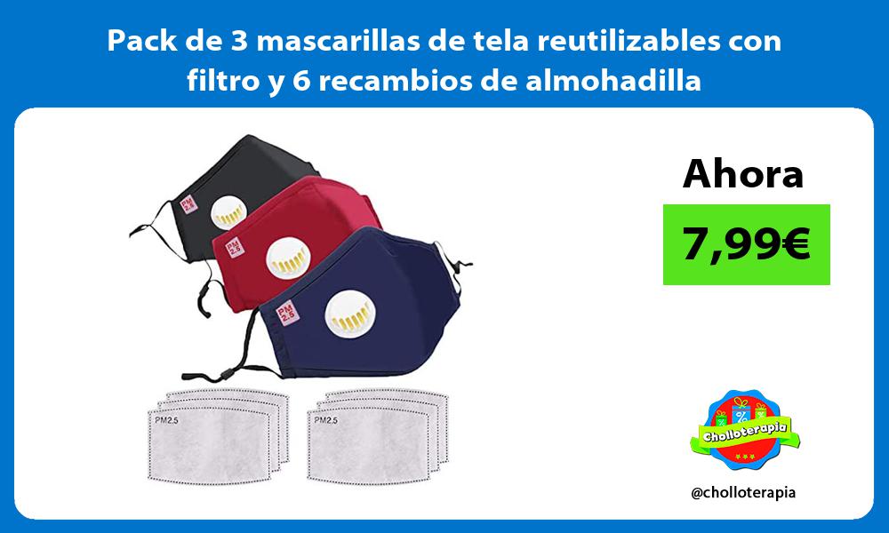 Pack de 3 mascarillas de tela reutilizables con filtro y 6 recambios de almohadilla