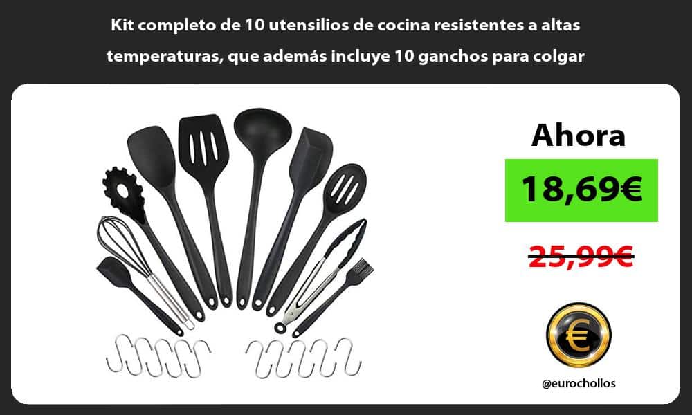 Kit completo de 10 utensilios de cocina resistentes a altas temperaturas que además incluye 10 ganchos para colgar
