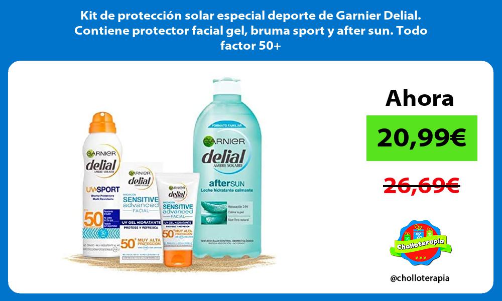 Kit de protección solar especial deporte de Garnier Delial Contiene protector facial gel bruma sport y after sun Todo factor 50