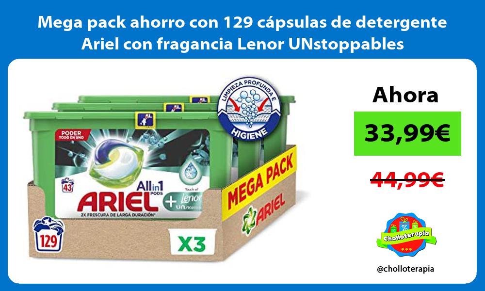 Mega pack ahorro con 129 cápsulas de detergente Ariel con fragancia Lenor UNstoppables