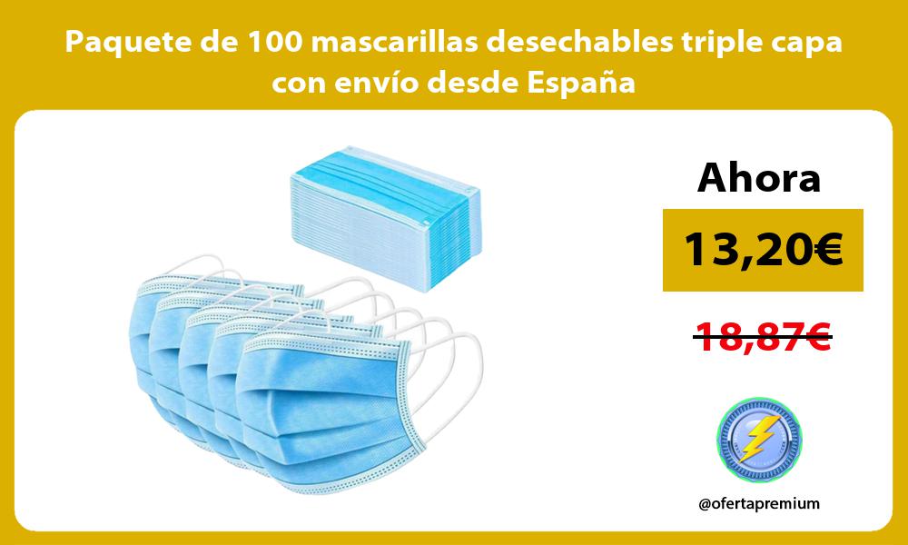 Paquete de 100 mascarillas desechables triple capa con envío desde España