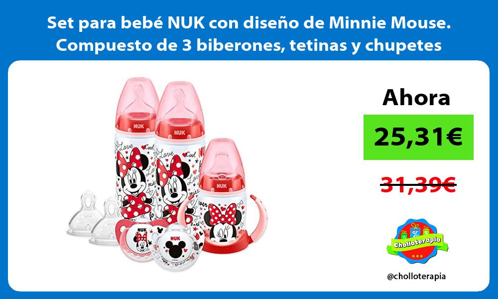 Set para bebé NUK con diseño de Minnie Mouse Compuesto de 3 biberones tetinas y chupetes
