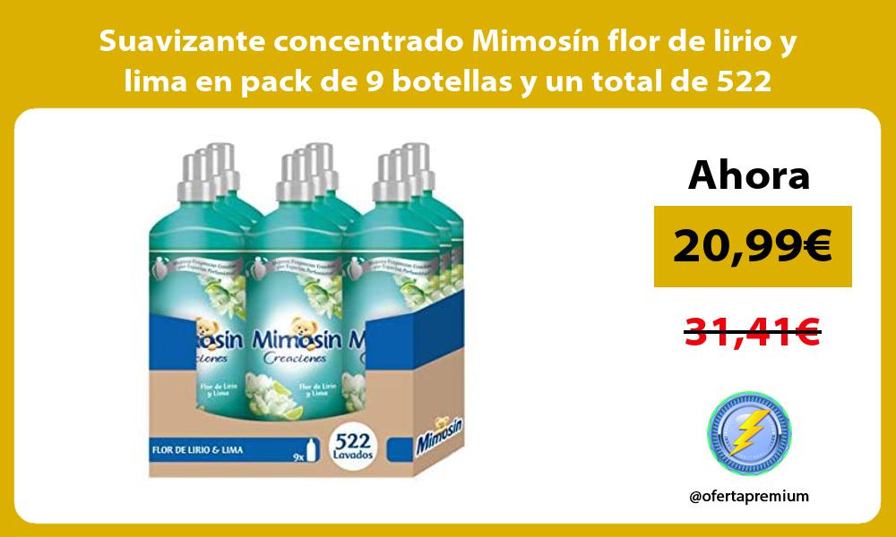 Suavizante concentrado Mimosín flor de lirio y lima en pack de 9 botellas y un total de 522 lavados