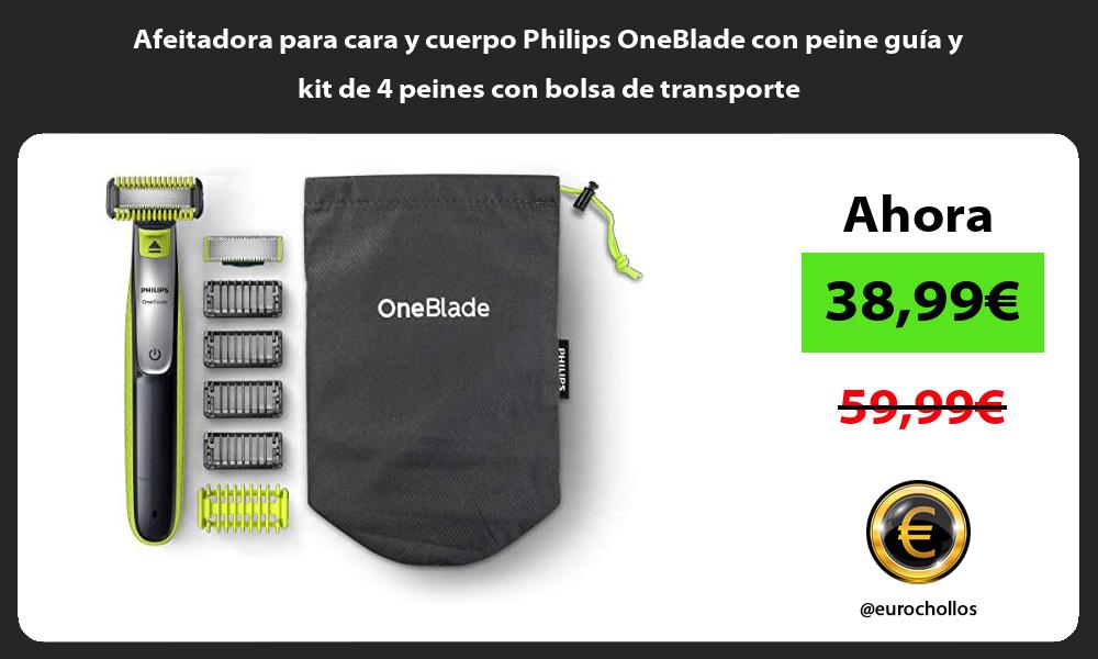 Afeitadora para cara y cuerpo Philips OneBlade con peine guía y kit de 4 peines con bolsa de transporte