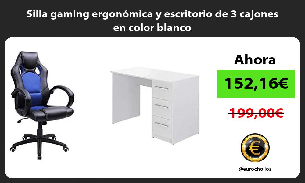 Silla gaming ergonómica y escritorio de 3 cajones en color blanco