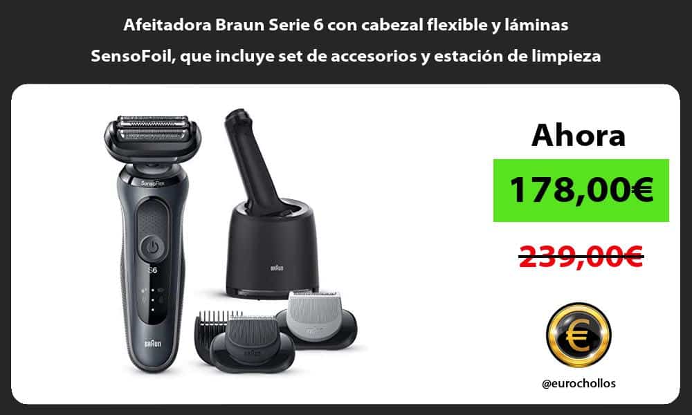 Afeitadora Braun Serie 6 con cabezal flexible y láminas SensoFoil que incluye set de accesorios y estación de limpieza