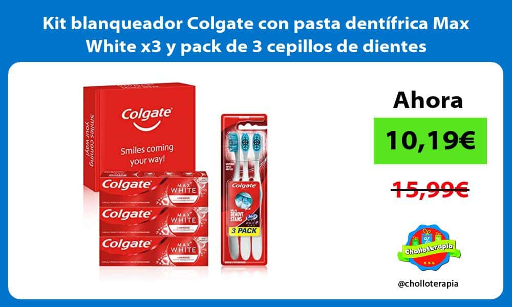 Kit blanqueador Colgate con pasta dentífrica Max White x3 y pack de 3 cepillos de dientes