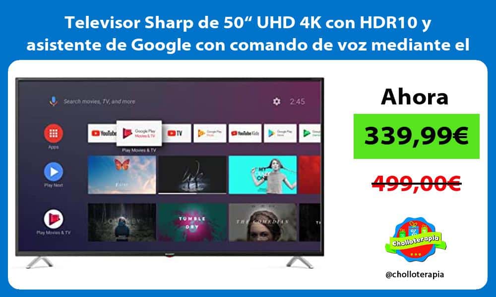 Televisor Sharp de 50“ UHD 4K con HDR10 y asistente de Google con comando de voz mediante el mando