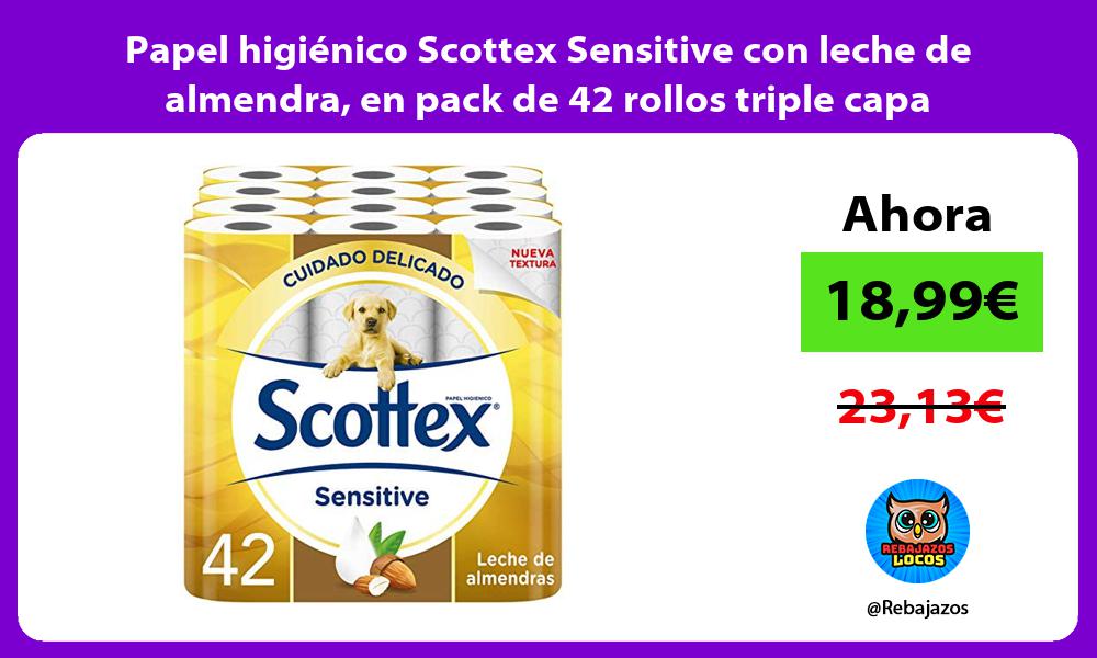 Papel higienico Scottex Sensitive con leche de almendra en pack de 42 rollos triple capa