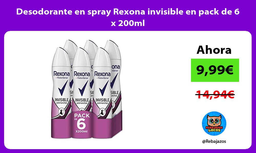 Desodorante en spray Rexona invisible en pack de 6 x 200ml