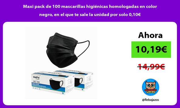Maxi pack de 100 mascarillas higiénicas homologadas en color negro, en el que te sale la unidad por solo 0,10€