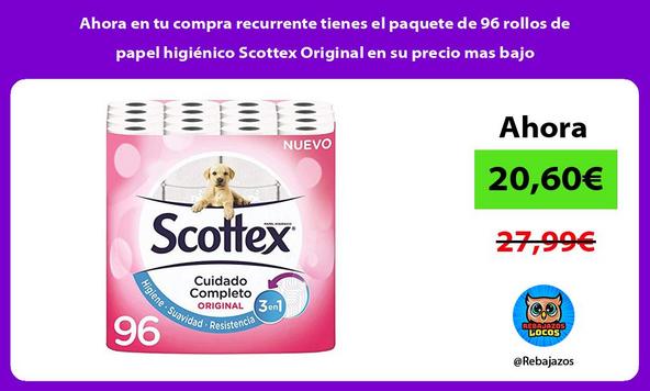 Ahora en tu compra recurrente tienes el paquete de 96 rollos de papel higiénico Scottex Original en su precio mas bajo