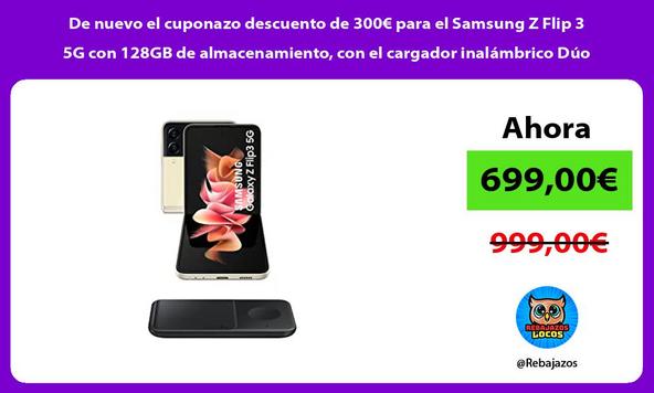 De nuevo el cuponazo descuento de 300€ para el Samsung Z Flip 3 5G con 128GB de almacenamiento, con el cargador inalámbrico Dúo