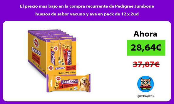 El precio mas bajo en la compra recurrente de Pedigree Jumbone huesos de sabor vacuno y ave en pack de 12 x 2ud