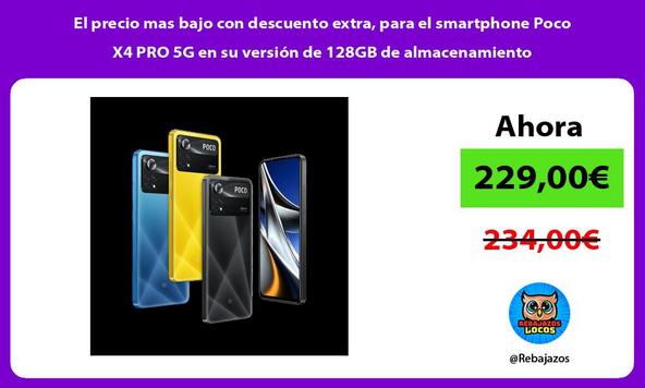El precio mas bajo con descuento extra, para el smartphone Poco X4 PRO 5G en su versión de 128GB de almacenamiento