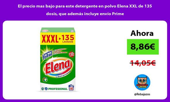 El precio mas bajo para este detergente en polvo Elena XXL de 135 dosis, que además incluye envío Prime