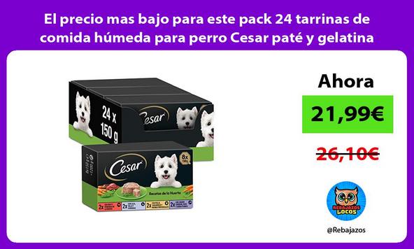 El precio mas bajo para este pack 24 tarrinas de comida húmeda para perro Cesar paté y gelatina