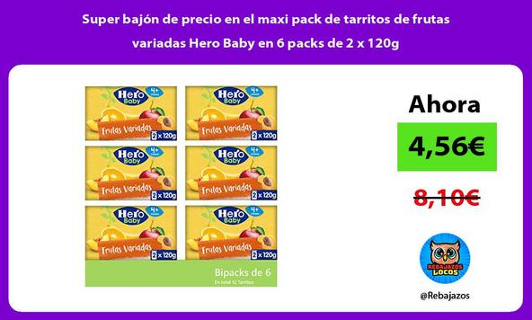 Super bajón de precio en el maxi pack de tarritos de frutas variadas Hero Baby en 6 packs de 2 x 120g