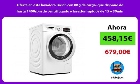 Oferta en esta lavadora Bosch con 8Kg de carga, que dispone de hasta 1400rpm de centrifugado y lavados rápidos de 15 y 30min