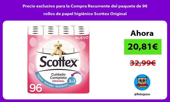 Precio exclusivo para la Compra Recurrente del paquete de 96 rollos de papel higiénico Scottex Original