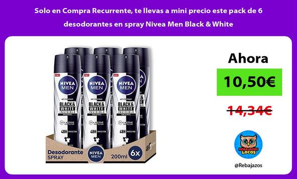 Solo en Compra Recurrente, te llevas a mini precio este pack de 6 desodorantes en spray Nivea Men Black & White