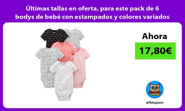 Últimas tallas en oferta, para este pack de 6 bodys de bebé con estampados y colores variados