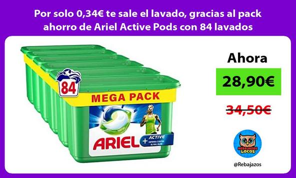 Por solo 0,34€ te sale el lavado, gracias al pack ahorro de Ariel Active Pods con 84 lavados