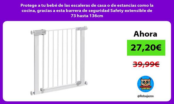Protege a tu bebé de las escaleras de casa o de estancias como la cocina, gracias a esta barrera de seguridad Safety extensible de 73 hasta 136cm