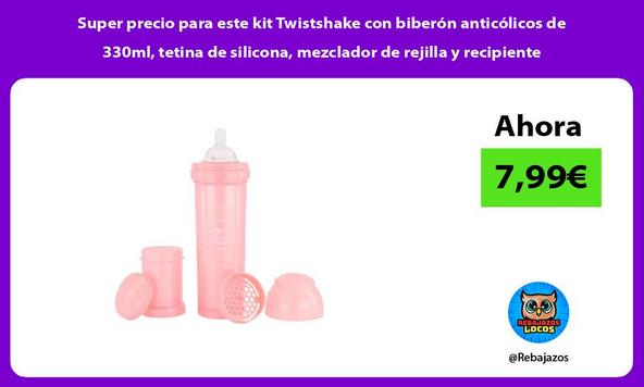 Super precio para este kit Twistshake con biberón anticólicos de 330ml, tetina de silicona, mezclador de rejilla y recipiente