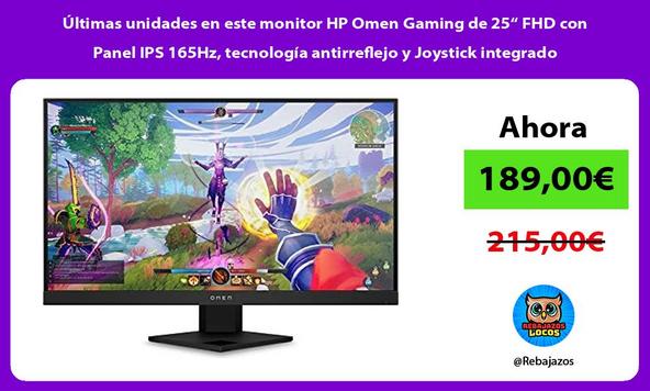 Últimas unidades en este monitor HP Omen Gaming de 25“ FHD con Panel IPS 165Hz, tecnología antirreflejo y Joystick integrado