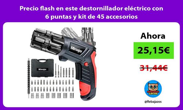 Precio flash en este destornillador eléctrico con 6 puntas y kit de 45 accesorios