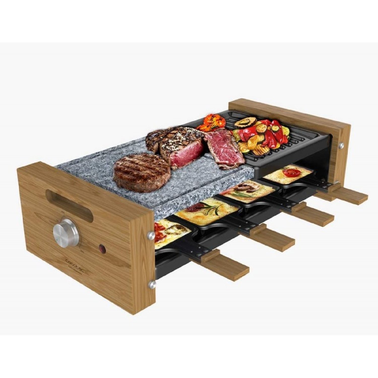 Chollazo para esta Raclette Grill de Cecotec con 1200W, de superficie mixta con termostato regulable y 8 sartenes