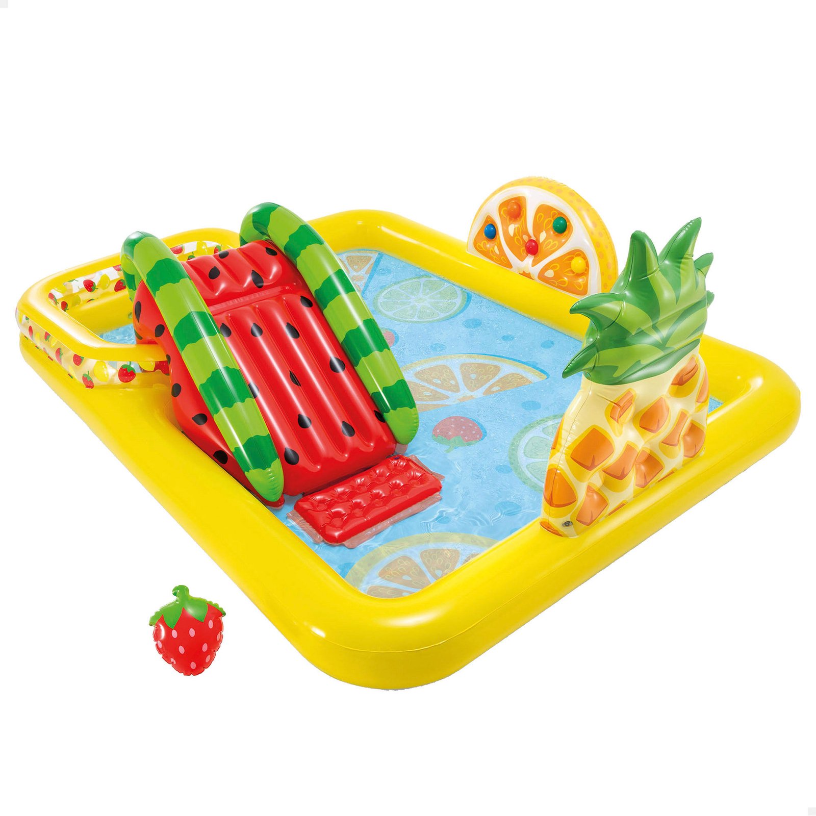 Chollazo total para este centro de juegos intex frutas con tobogán y pulverizador
