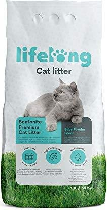 Descuentito para el saco de 10L de arena de bentonita para gatos de LifeLong, con perfume a talco