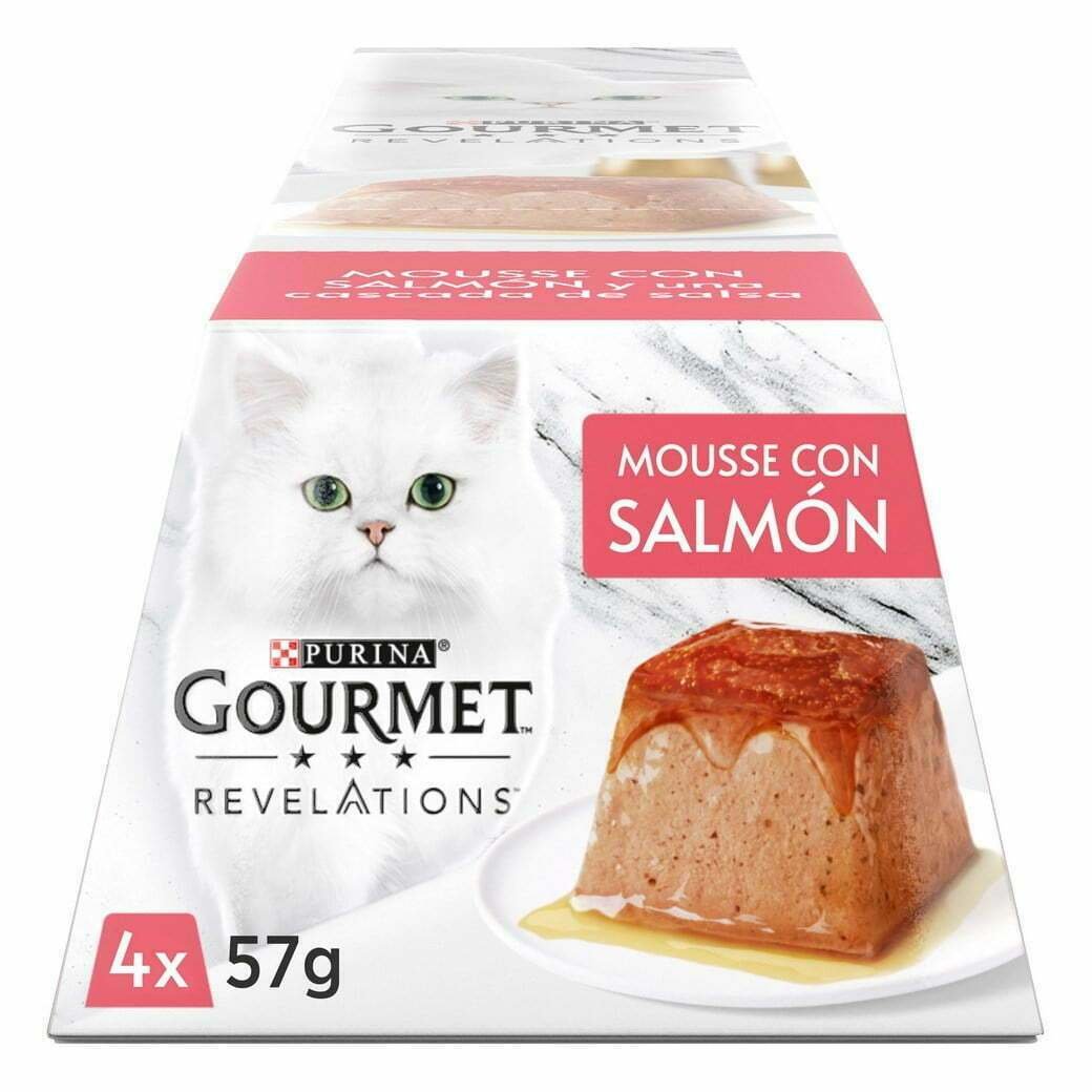 Oferta especial a precio mini, para el pack Gourmet Revelations, con 4 latas de pirámide mousse con salmón y salsa para gatos