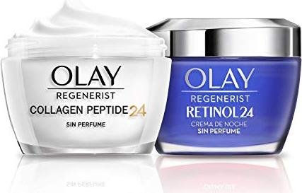 Super chollazo total en el pack Olay, que viene con la famosa crema hidratante de noche con retinol y la crema de día Regenerist Collagen Peptide 24, ambas sin perfume