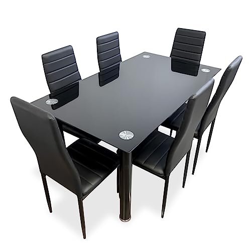 Super oferta en este conjunto de mesa de cristal para comedor junto a sus 6 sillas del modelo Tucán
