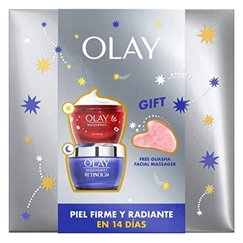 Super set Olay que te viene con la crema de día regenerist y la crema de noche con retinol. Además de incluir de regalo una piedra Gua Sha