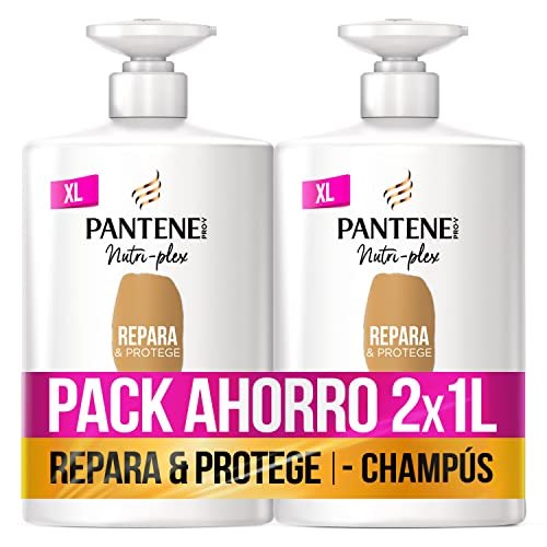 ¡Doble beneficio para tu cabello! Ahorra con la oferta del pack ahorro de Pantene Champú repara y protege, 2 unidades de 1L cada una.
