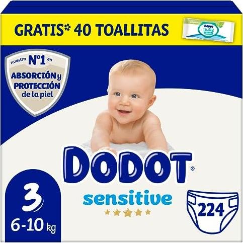 ¡Ahorra hasta un 50% en el super pack de 224 pañales Dodot Sensitive talla 3! ¡Incluye un regalo de paquete de toallitas!