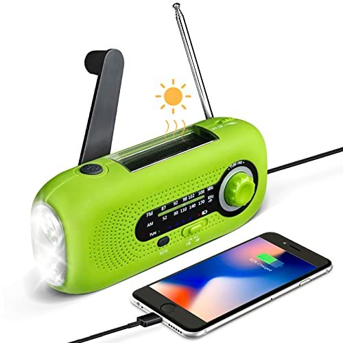 ¡Ahorra ahora en esta revolucionaria radio portátil con manivela, linterna y función cargador!